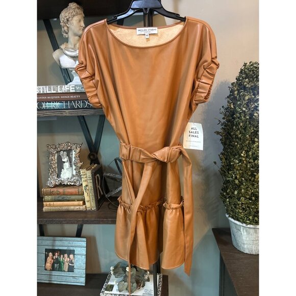 INCLAN STUDIO Millie Faux Leather Mini Dress TAN BROWN Butterscotch Womens Size - Picture 3 of 9